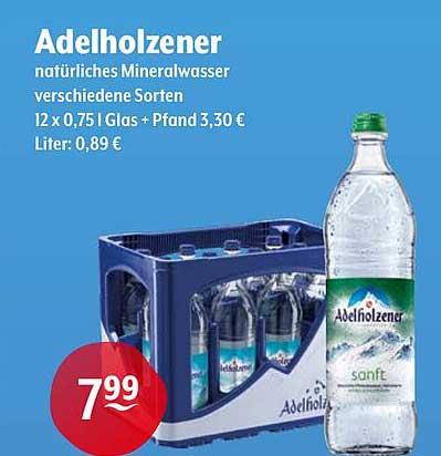 Adelholzener natürliches Mineralwasser verschiedene Sorten 12 x 0,75 l Glas + Pfand 3,30 €