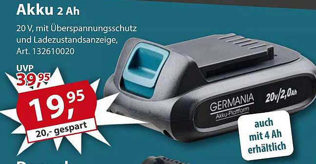 Akku 2 Ah - 20 V mit Überspannungsschutz und Ladezustandsanzeige