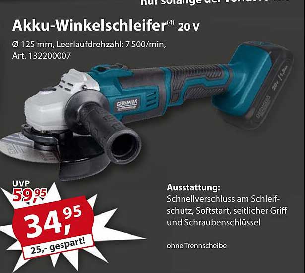 Akku-Winkelschleifer 20 V Ø 125 mm, Leerlaufdrehzahl: 7500/min