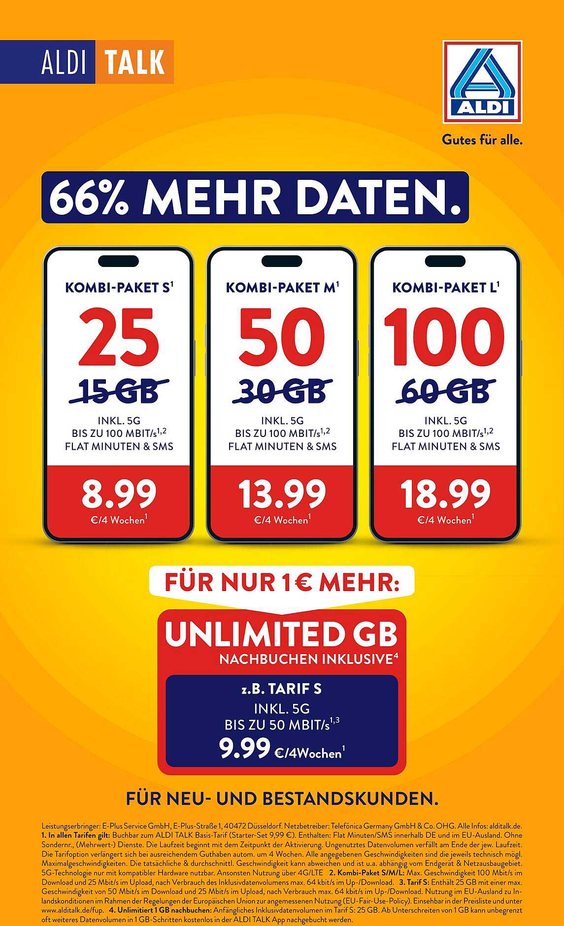 ALDI TALK Kombi-Paket S, M und L mit mehr Daten