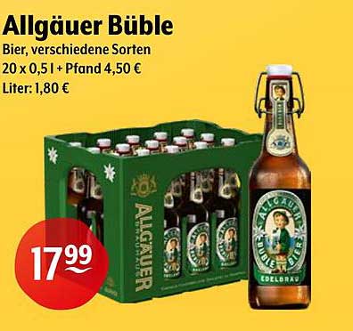 Allgäuer Büble Bier, verschiedene Sorten – 20 x 0,5 l für nur 17,99 €