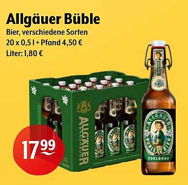 Allgäuer Büble Bier, verschiedene Sorten, 20 x 0,5 l + Pfand 4,50 €