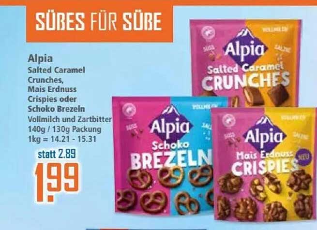 Alpia Salted Caramel Crunches, Mais Erdnuss Crispies oder Schoko Brezeln