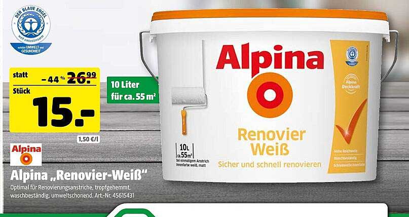 Alpina „Renovier-Weiß“ 10 Liter für 15,-