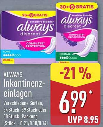 ALWAYS Inkontinenz-Einlagen 34 Stück, 39 Stück oder 50 Stück