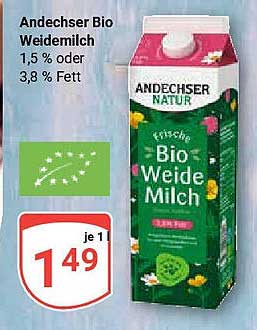 Andechser Bio Weidemilch 1,5 % oder 3,8 % Fett