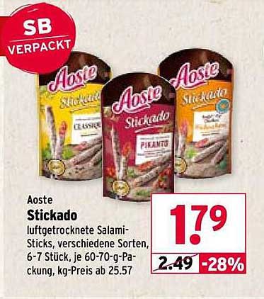 Aoste Stickado luftgetrocknete Salami-Sticks, verschiedene Sorten, 6-7 Stück, je 60-70-g-Packung