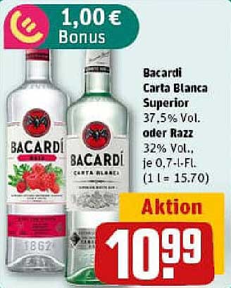 Bacardi Carta Blanca Superior oder Razz – 0,7 l für 10,99 €