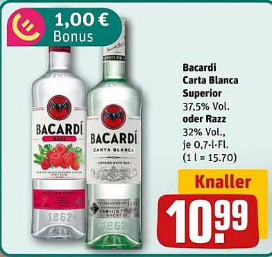 Bacardi Carta Blanca Superior oder Razz 0,7 l für nur 10,99 €