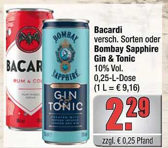 Bacardi oder Bombay Sapphire Gin & Tonic – 0,25-L-Dose zum Aktionspreis!
