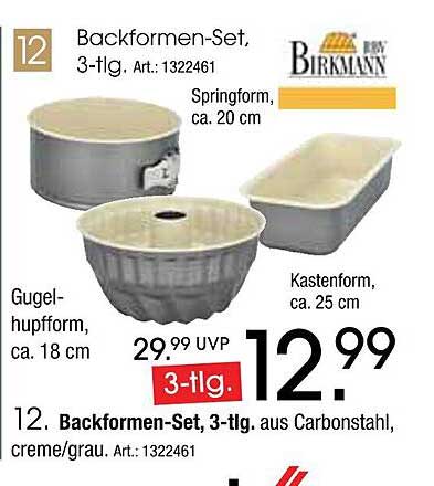 Backformen-Set, 3-tlg. aus Carbonstahl, creme/grau