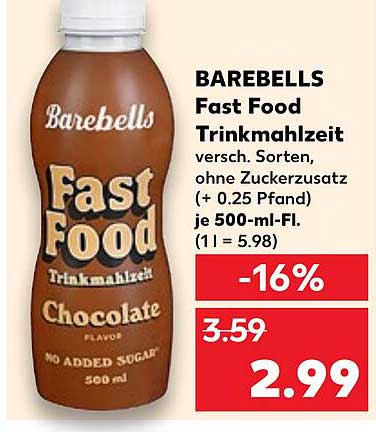BAREBELLS Fast Food Trinkmahlzeit - Schokolade 500 ml