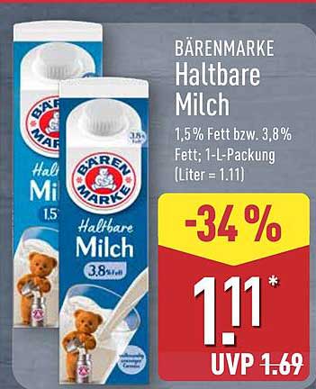 BÄRENMARKE Haltbare Milch 1,5% Fett bzw. 3,8% Fett; 1-L-Packung (Liter = 1,11)