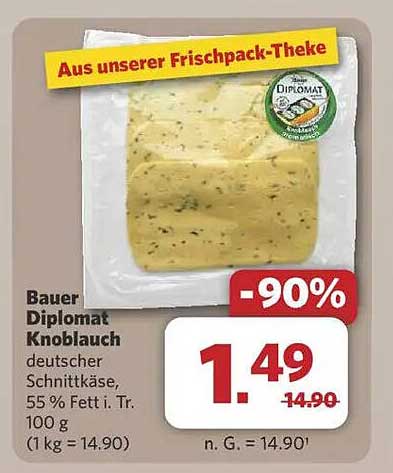 Bauer Diplomat Knoblauch – deutscher Schnittkäse, 55% Fett i. Tr. 100 g