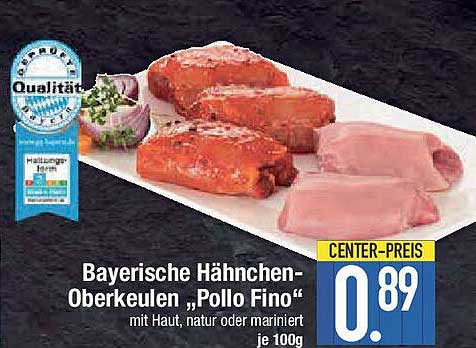 Bayerische Hähnchen-Oberkeulen "Pollo Fino" mit Haut, natur oder mariniert je 100g
