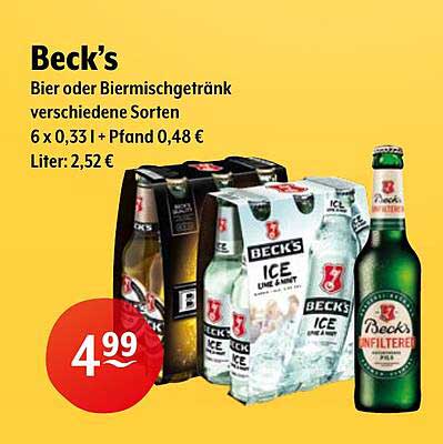 Beck’s Bier oder Biermischgetränk verschiedene Sorten 6 x 0,33 l + Pfand 0,48 €