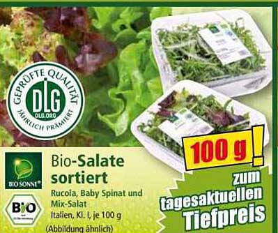 Bio-Salate sortiert: Rucola, Baby Spinat und Mix-Salat, 100 g