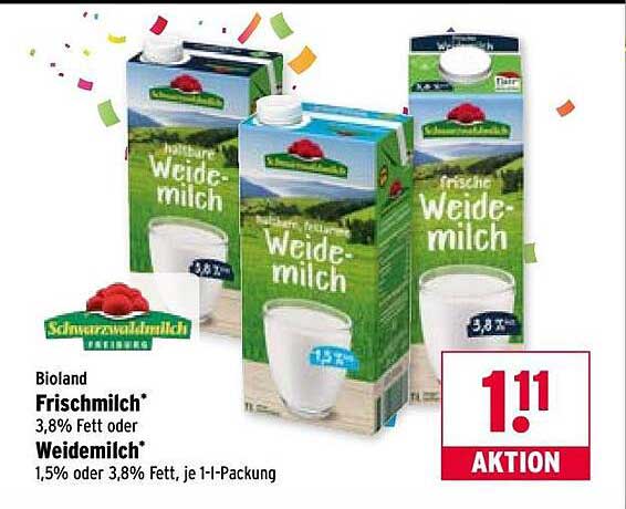 Bioland Frischmilch 3,8% Fett oder Weidemilch 1,5% oder 3,8% Fett, je 1l-Packung