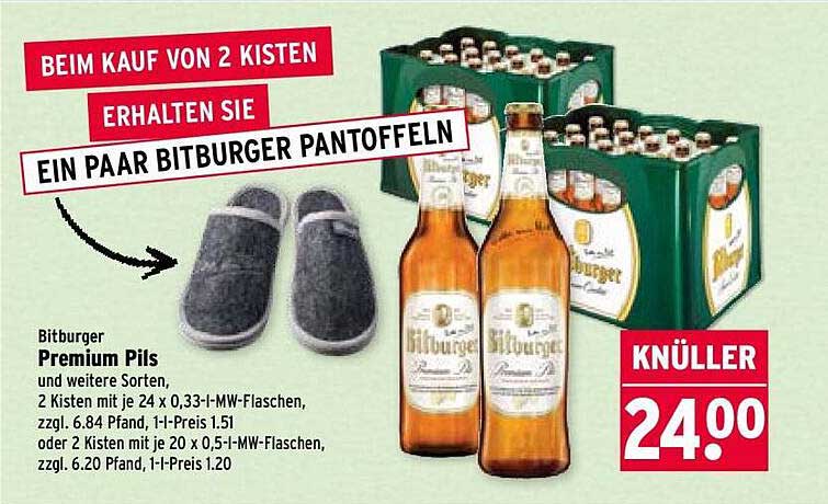 Bitburger Premium Pils – 2 Kisten und ein Paar Pantoffeln geschenkt!