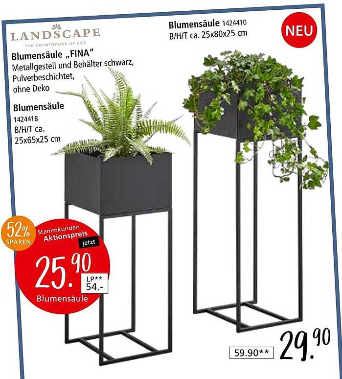 Blumensäule "FINA" mit Metallgestell und schwarz pulverbeschichtetem Behälter