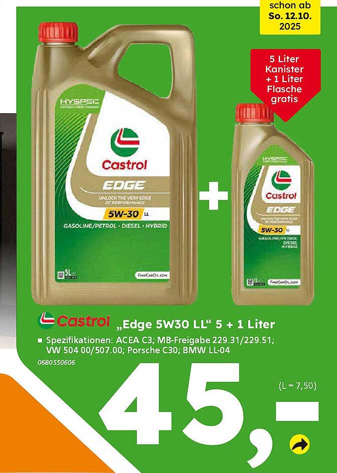 Castrol EDGE 5W30 LL 5 Liter + 1 Liter gratis