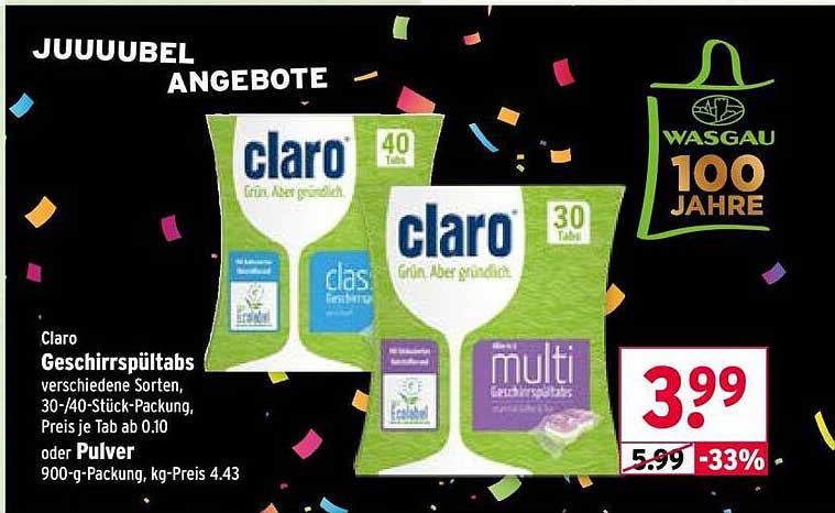 Claro Geschirrspültabs - 30/40 Stück-Packung, ab 0,10 € je Tab