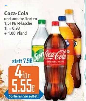 Coca-Cola und andere Sorten 1,5l PET-Flasche - 4 für 5,55€
