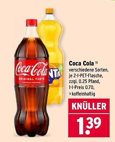 Coca Cola und Fanta in verschiedenen Sorten, je 2-Liter-PET-Flasche
