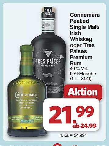 Connemara Peated Single Malt Irish Whiskey oder Tres Païses Premium Rum