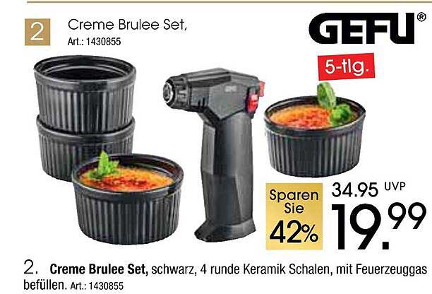 Creme Brulee Set, schwarz, 4 runde Keramik Schalen, mit Feuerzeug