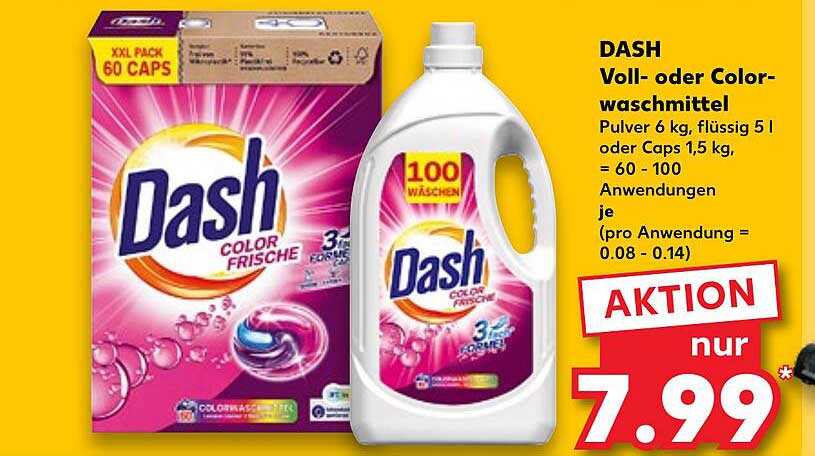 DASH Voll- oder Colorwaschmittel 6 kg, flüssig 5 l oder Caps 1,5 kg