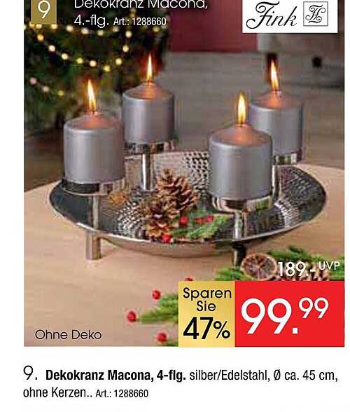 Dekokranz Macona, 4-flg., silber/Edelstahl, Ø ca. 45 cm, ohne Kerzen