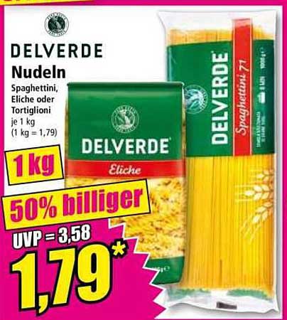 DELVERDE Nudeln - Spaghettini, Eliche oder Tortiglioni 1 kg für nur 1,79 €