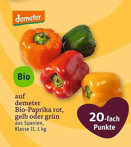 demeter Bio-Paprika rot, gelb oder grün, aus Spanien, Klasse II, 1 kg