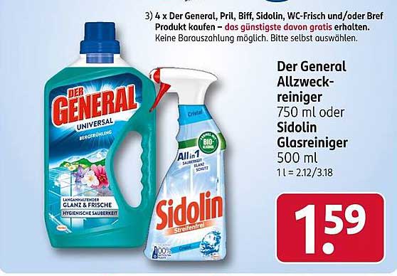 Der General Allzweckreiniger 750 ml oder Sidolin Glasreiniger 500 ml