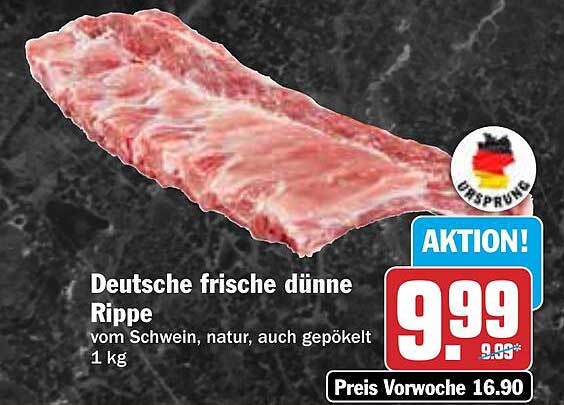 Deutsche frische dünne Rippe vom Schwein, natur, auch gepökelt, 1 kg