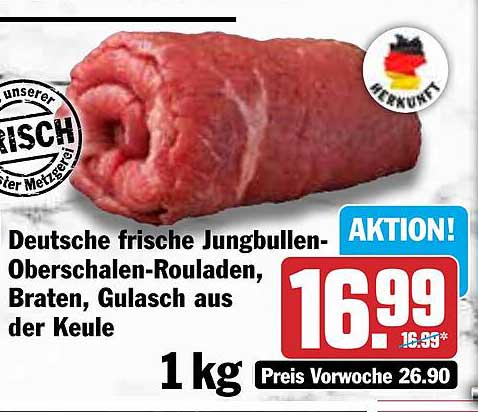 Deutsche frische Jungbullen-Oberschalen-Rouladen, Braten, Gulasch aus der Keule