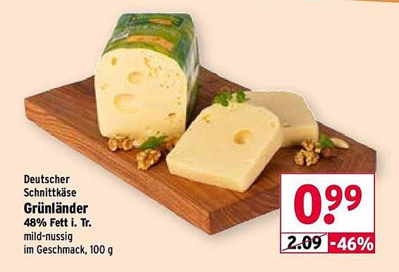 Deutscher Schnittkäse Grünländer 48% Fett i. Tr., mild-nussig, im Geschmack, 100 g