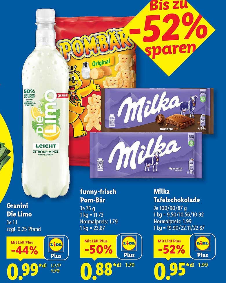 Die Limo, Pom-Bär und Milka Schokolade im Lidl-Prospekt