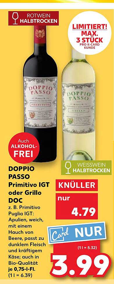 DOPPIO PASSO Primitivo IGT oder Grillo DOC - Halbtrockene Weine