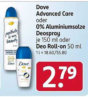 Dove Advanced Care oder 0% Aluminiumsalze Deospray je 150 ml oder Deo Roll-on 50 ml