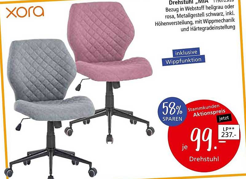 Drehstuhl "MIA" in hellgrau oder rosa
