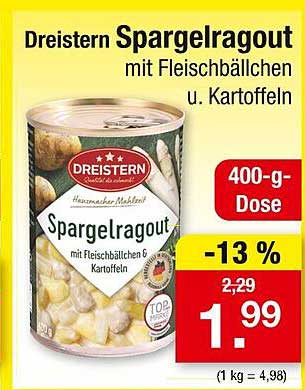 Dreistern Spargelragout mit Fleischbällchen u. Kartoffeln