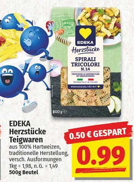 EDEKA Herzstücke Teigwaren Spirali Tricolori N.14 500g - Jetzt nur 0,99 €!
