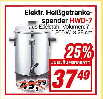 Elektr. Heißgetränke-spender HWD-7 aus Edelstahl, Volumen: 7 l, 1.800 W, Ø 28 cm