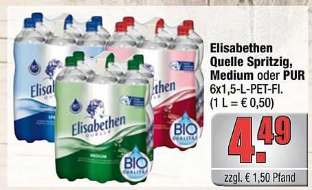 Elisabethen Quelle Spritzig, Medium oder PUR – 6x1,5-L-PET-Flasche