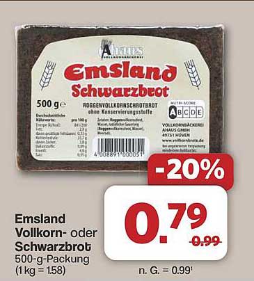 Emsland Vollkorn- oder Schwarzbrot 500-g-Packung