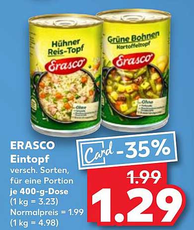 ERASCO Eintopf - Hühner Reis-Topf und Grüne Bohnen - nur 1,29 € pro Dose!