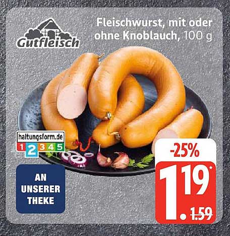 Fleischwurst, mit oder ohne Knoblauch, 100 g