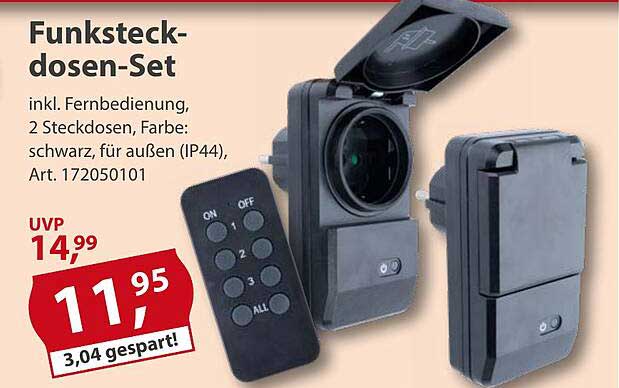 Funksteckdosen-Set - inkl. Fernbedienung, 2 Steckdosen, Farbe: schwarz für außen (IP44)